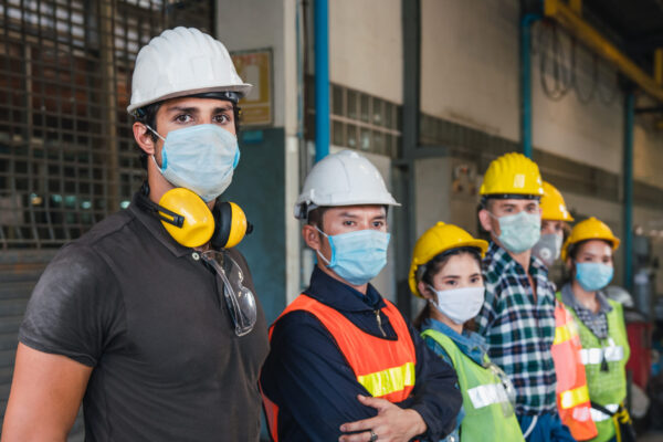 Group,Of,Diverse,Team,Of,Workers,Wearing,Face,Mask,And